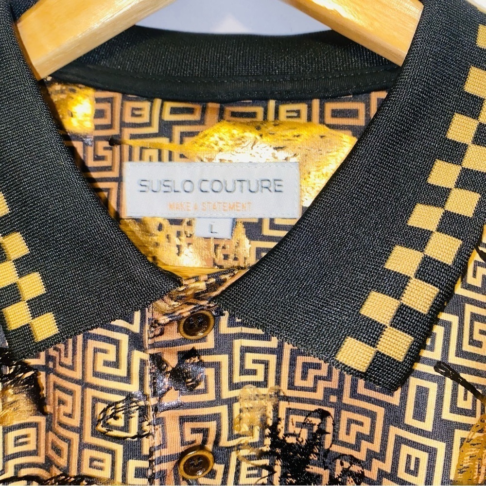 NWT Suslo Couture Gold & Black Luxury Printed Shortsleeve Polo Size Large - Picture 4 of 9